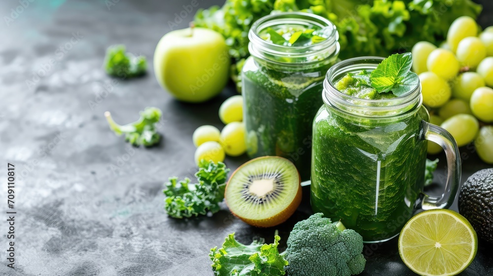 Fototapeta premium Glass jar mugs with green health smoothie, kale leaves, lime, apple, kiwi, grapes, banana, avocado, lettuce. Copy space