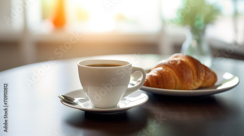 Coffee and croissant on table, morning meal