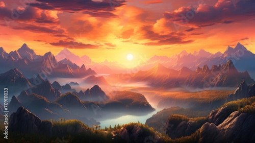 Beautiful panoramic Mountain landscape at sunset sky. Generate AI image © is