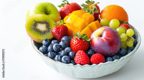 Colorful Fresh Fruit in Bowl on White Background