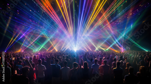 Crowd of dancing people on rave, in nightclub or disco party, laser show, colorful lights