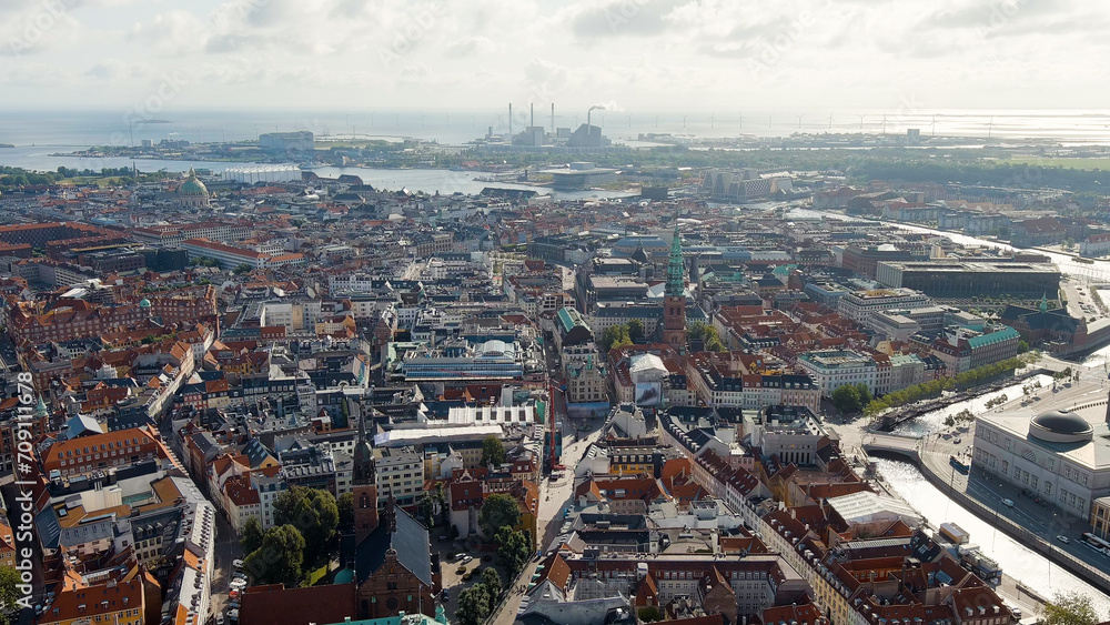 Copenhagen, Denmark. Panorama of the historical part of Copenhagen, Port and Oresund Strait, Aerial View