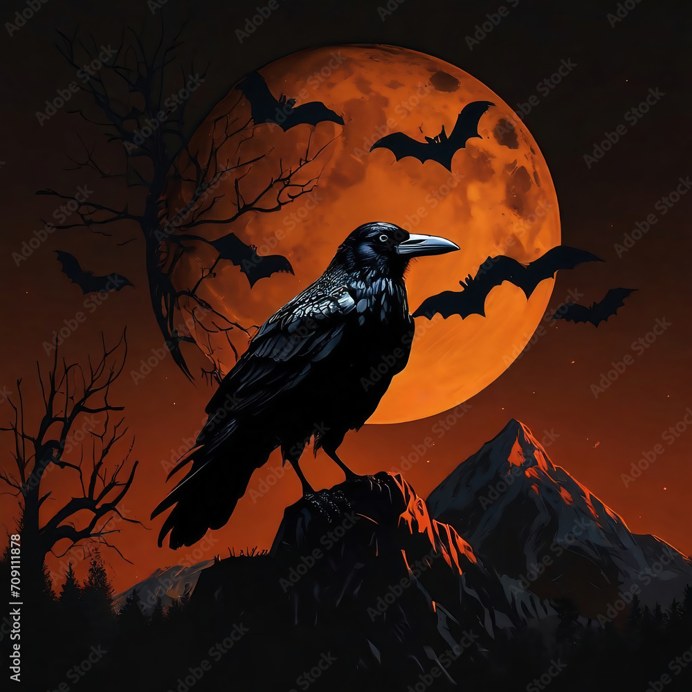 Fototapeta premium Silhouette of a crow on stone at moon with flying bats on orange sky in down . scary halloween wallpaper