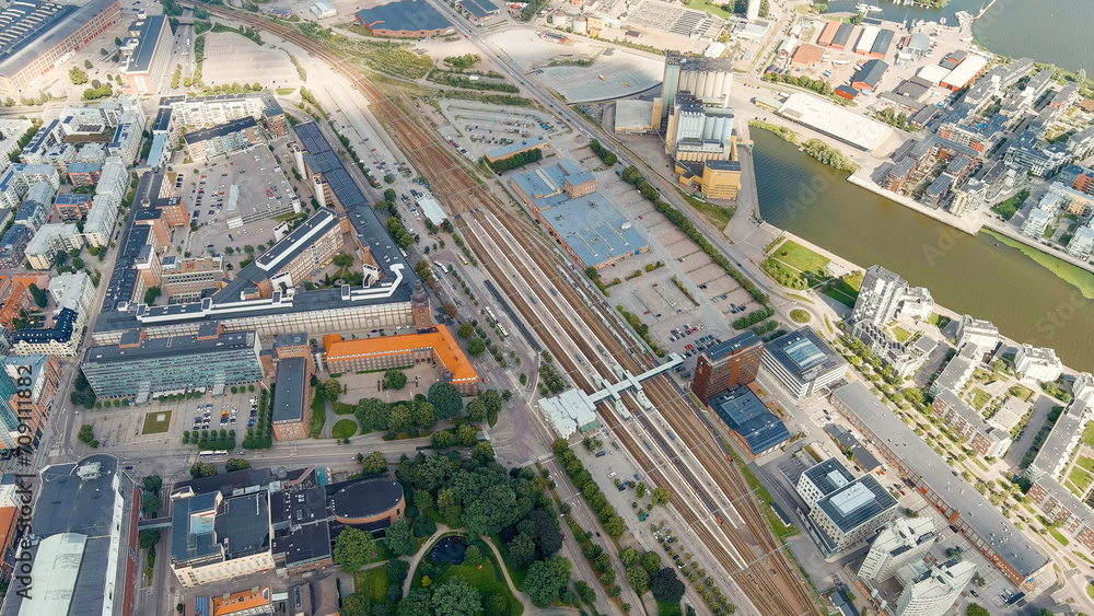 Vasteras, Sweden. Westeros train station. The central part of the city. Summer day, Aerial View
