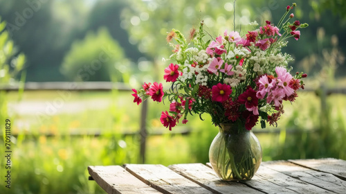 Bunch of wild field flowers on table, summer scenery, natural green garden background #709111829