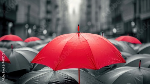 Red umbrella on top of other gray umbrellas on city background. Business and safety concept