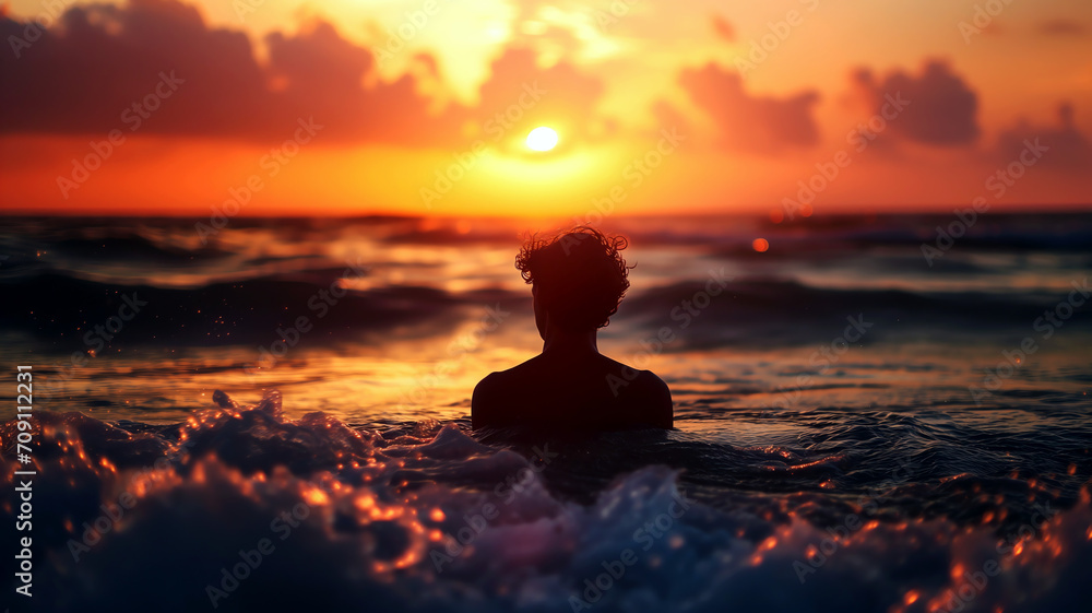 sunset over ocean with silhouette of man sunset over ocean with silhouette of man
