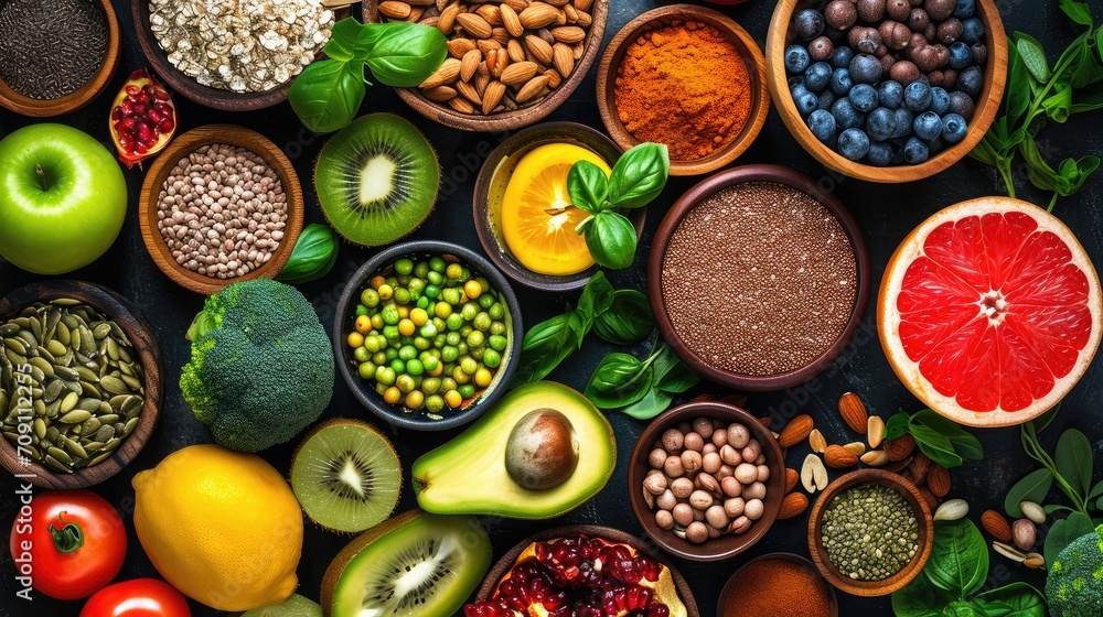 selection of healthy food top veiw selection of healthy food top veiw