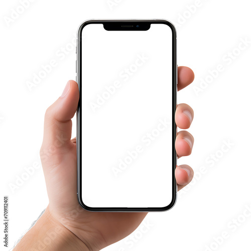 Hand holding a smartphone on transparent background PNG