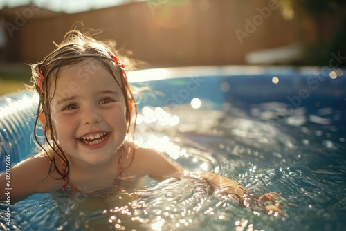 Little girl in a backyard swimming pool  smiling. Sun light. Summer vibes