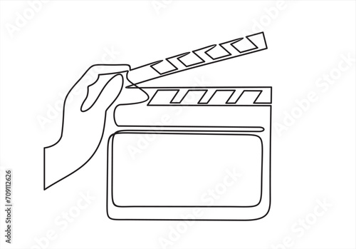 Continuous one line drawing of  hand holding Film Clapper	