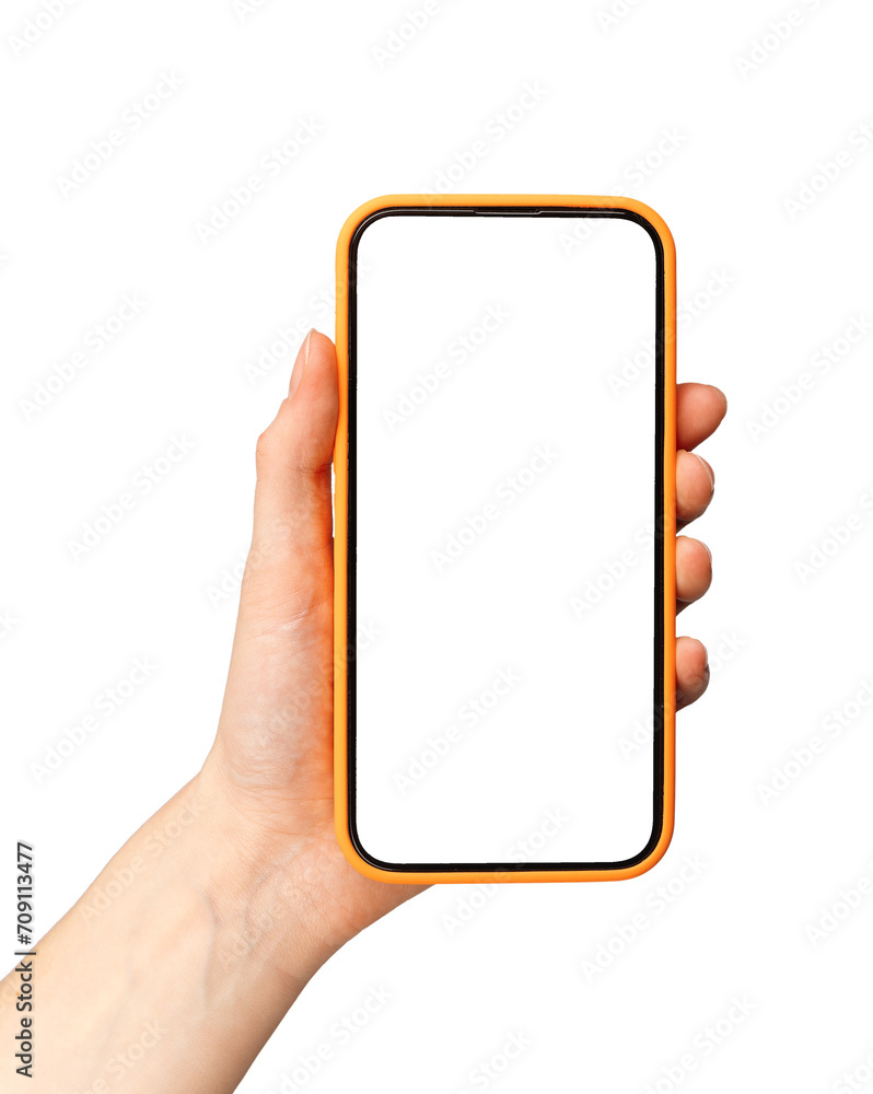 Mobile phone screen mockup in case. Hand holding smartphone display mock up isolated on white - obrazy, fototapety, plakaty 