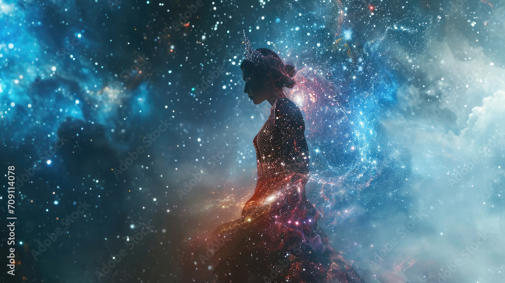 Woman wearing a galaxy dress in a colorful space nebula, Starry night cosmos. Astronomy the science of the universe. Supernova background wallpaper
