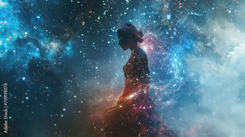 Woman wearing a galaxy dress in a colorful space nebula, Starry night cosmos. Astronomy the science of the universe. Supernova background wallpaper