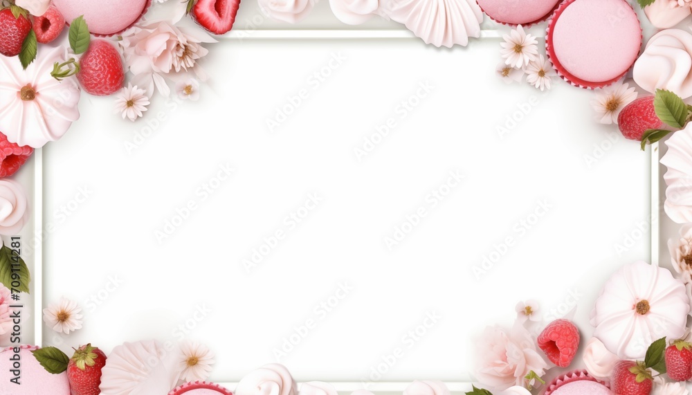 frame of flowers and cake and beeries frame of flowers and cake and beeries