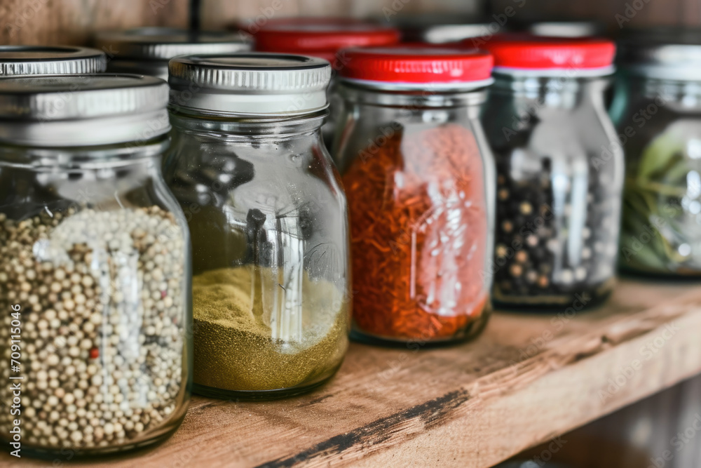 Close-up of a variety of spices and herbs in glass jars on a kitchen shelf. Close-up of a variety of spices and herbs in glass jars on a kitchen shelf.