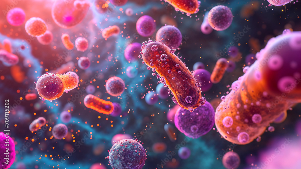 Fototapeta premium Abstract bacteria, probiotics, gram-positive bacteria and viruses of various shapes against a dark background. Microbiology science and medicine background.