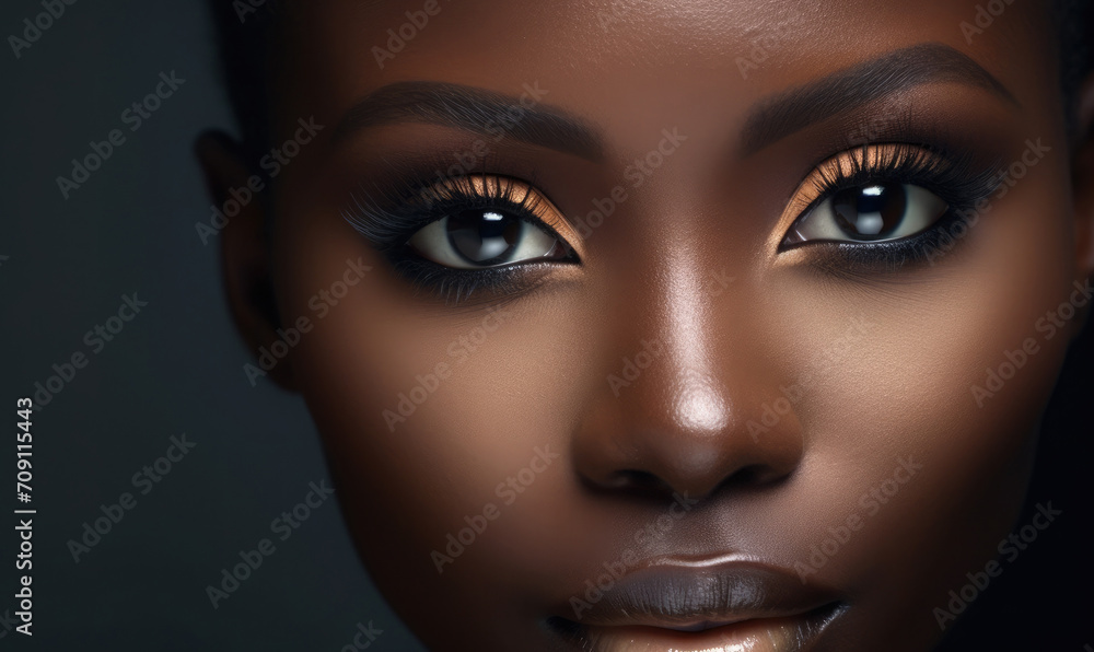 Closeup portrait of the face of a beautiful young black model with a natural makeup. Closeup portrait of the face of a beautiful young black model with a natural makeup.