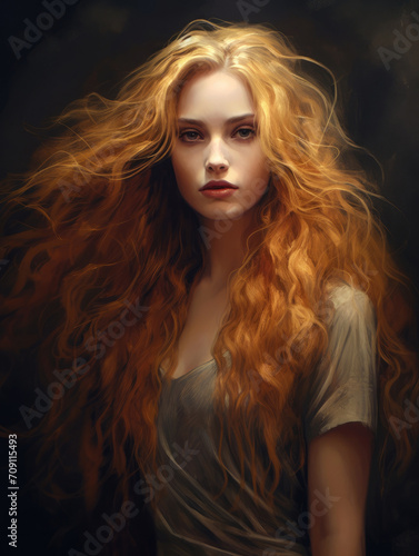 Beautiful caucasian model with long red wavy hair. female character illustration  © CostantediHubble