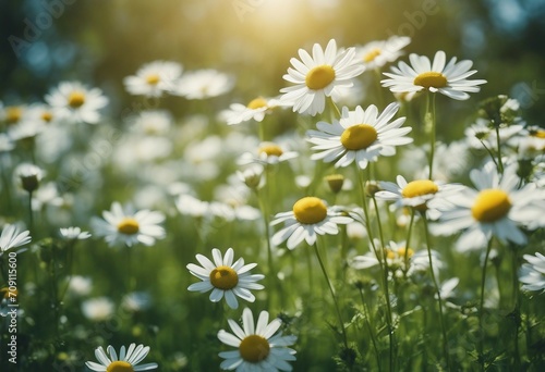 Beautiful blurred spring background nature with blooming glade chamomile trees and blue sky on a sun