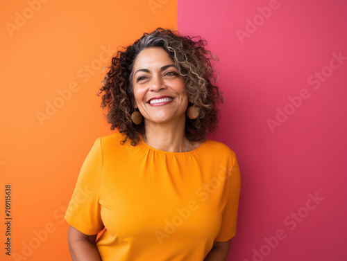 Middle aged hispanic and latina woman in her 50s smiling happily. Colorful orange and purple background, bright clothing.