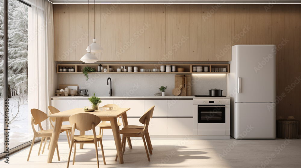 clean scandinavian simple minimalist kitchen design with wooden dining table, open shelving, and contemporary appliances.