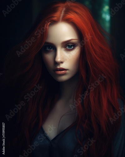 Young seductive woman with long red hair and pale skin. Female vampire concept illustration, gothic style 