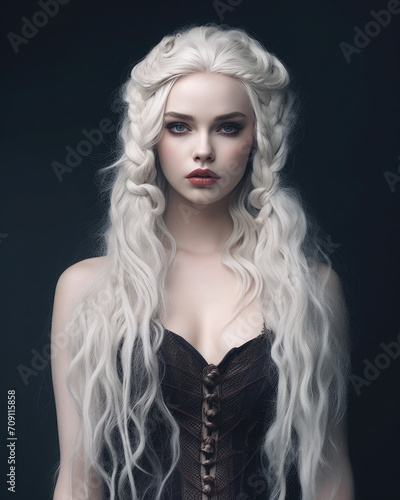 Illustration of a gothic victorian girl with long and braided white hair looking at camera. Dark background © CostantediHubble