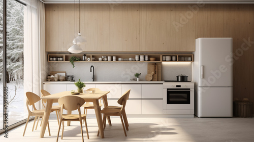 clean scandinavian simple minimalist kitchen design with wooden dining table  open shelving  and contemporary appliances.