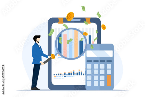 Audit Service Assistance Concept. Financial reports, bookkeeping analysis, investor assessment of company costs, company financial management. flat vector modern illustration on white background.