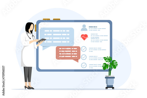 Doctor looking at patient's medical history on tablet. Flat Character Concept. Concept for web design. the patient consults a doctor. flat vector illustration on white background.