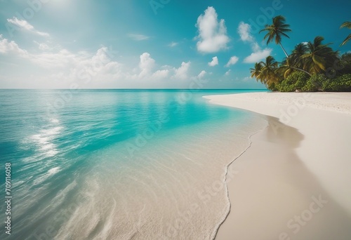 Beautiful natural tropical landscape beach with white sand and Palm tree leaned over calm wave Turqu photo