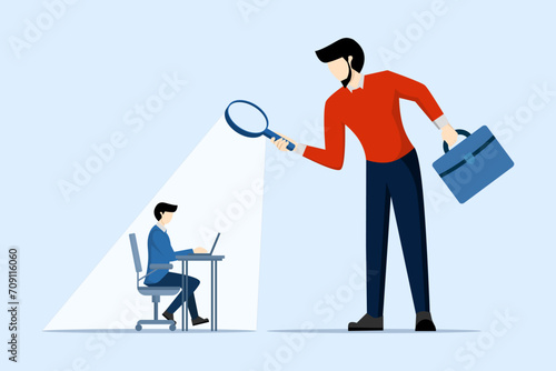 micro manager boss using magnifying glass watching employee work. Micromanaging bosses, toxic managers who monitor every detail, oversight and control over employee work and processes.
