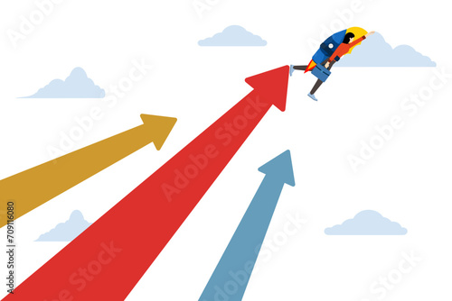 businessman with booster rocket with growth arrow. Financial growth, increasing investment income or increasing stock market, business development for success, innovation increasing profits or sales.