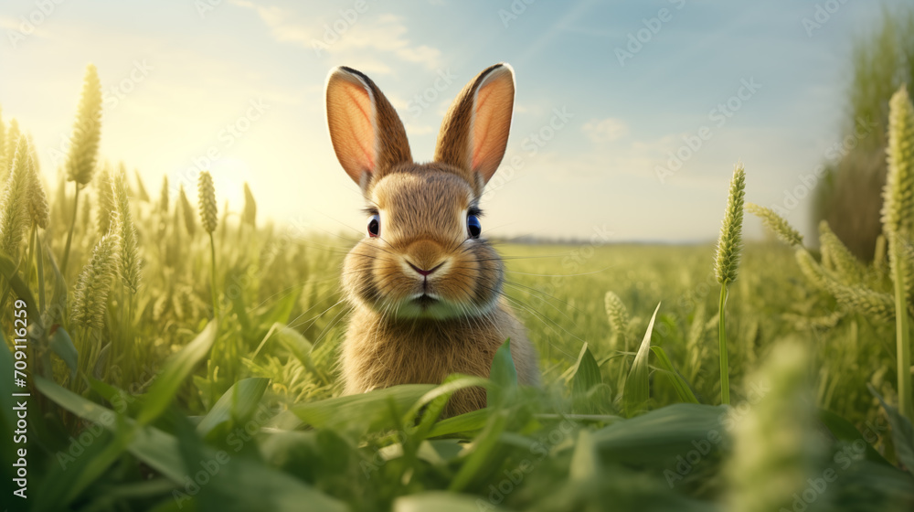 Fototapeta premium rabbit in the meadow Light shines through in the evening.