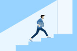 ladder of success concept, businessman walking up the stairs towards the glowing door. easy to guide career success, career opportunities or growth, recruitment or candidate search or HR talent.