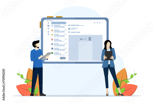 businessman with mailing list tablet sending email. Mailing lists for sending email campaigns, sending promotions or communicating draft marketing messages, email subscription management software.