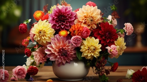 Bouquet Beauty Arrange a bouquet of Dahlia flowers and capture the entire arrangement. Focus on the mix of colors and sizes, highlighting the elegance of Dahlia blooms in a bouquet
