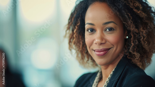 A female marketing executive in a boardroom, standing by a presentation screen and making eye contact with the camera