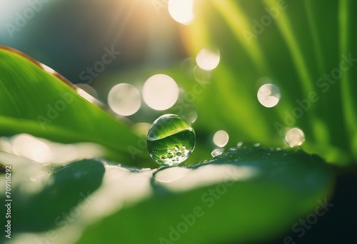 Beauty transparent drop of water on a green leaf macro with sun glare Beautiful artistic image of en