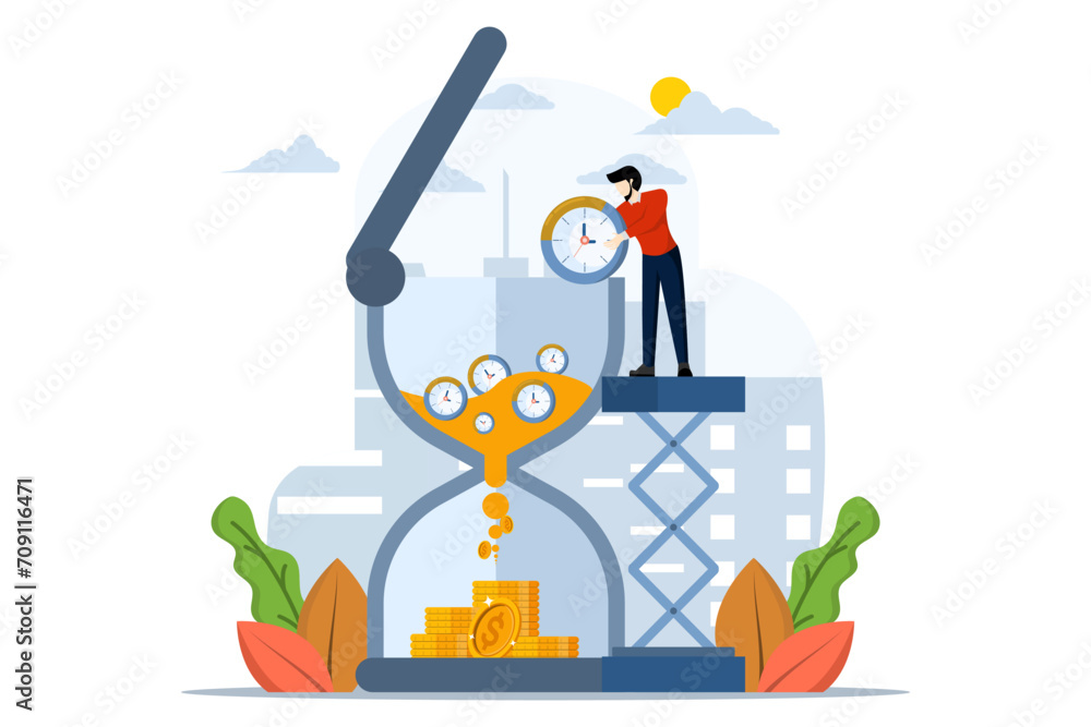concept of time is money, alarm clock and timer into a glass of sand falling into profit money back, pension fund, investor businessman put pieces of time, clock, long term investment results. - obrazy, fototapety, plakaty 