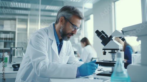 Scientist or researcher looking at microscope Analysis and testing of pathogens in state-of-the-art laboratories