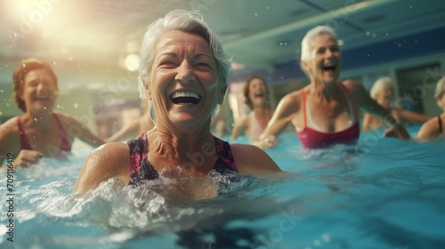 Elderly woman enjoying exercise class in pool Living a healthy retirement life in old age photo