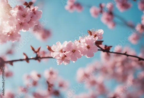 Branches of blossoming pink sakura macro with soft focus on gentle light blue sky background in sunl