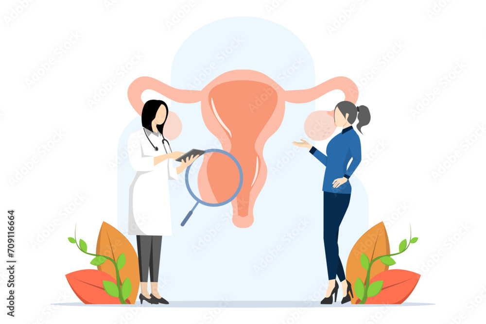 Doctor examines uterus with magnifying glass to treat endometriosis. endometriosis treatment concept, Endometriosis, endometrial dysfunctionality. modern flat vector illustration.