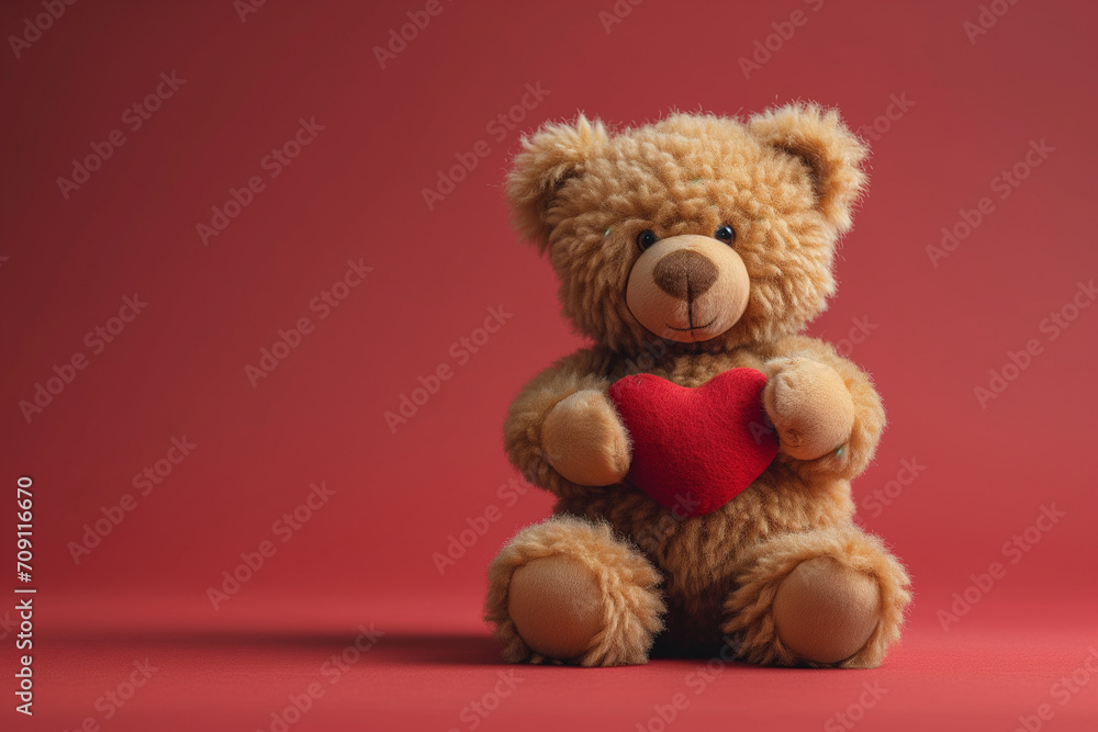 A cute teddy bear holding a red love heart, studio shot against a red background. Generative ai A cute teddy bear holding a red love heart, studio shot against a red background. Generative ai