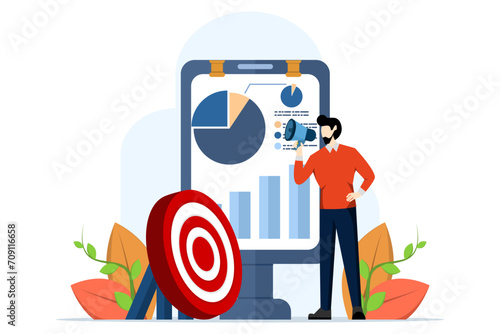 advertising and customer communication concept, businessman announcing marketing promotion with elements, Marketing, digital marketing or pr via social media to drive sales or brand awareness.