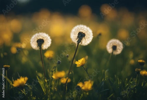 Floral summer spring background soft focus Yellow dandelion flowers close-up in a field on nature on
