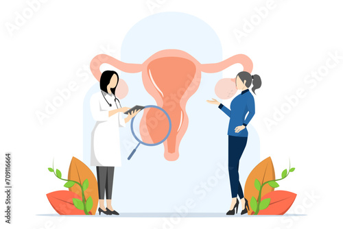 Doctor examines uterus with magnifying glass to treat endometriosis. endometriosis treatment concept  Endometriosis  endometrial dysfunctionality. modern flat vector illustration.