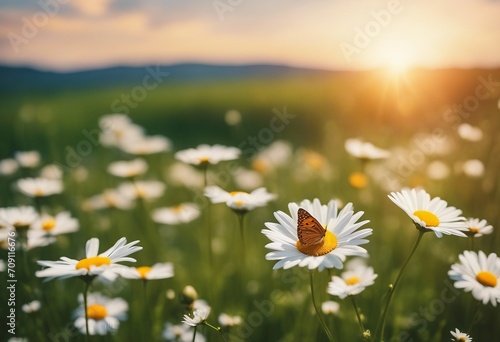 Flowers daisies in summer spring meadow on background blue sky with white clouds flying orange butte